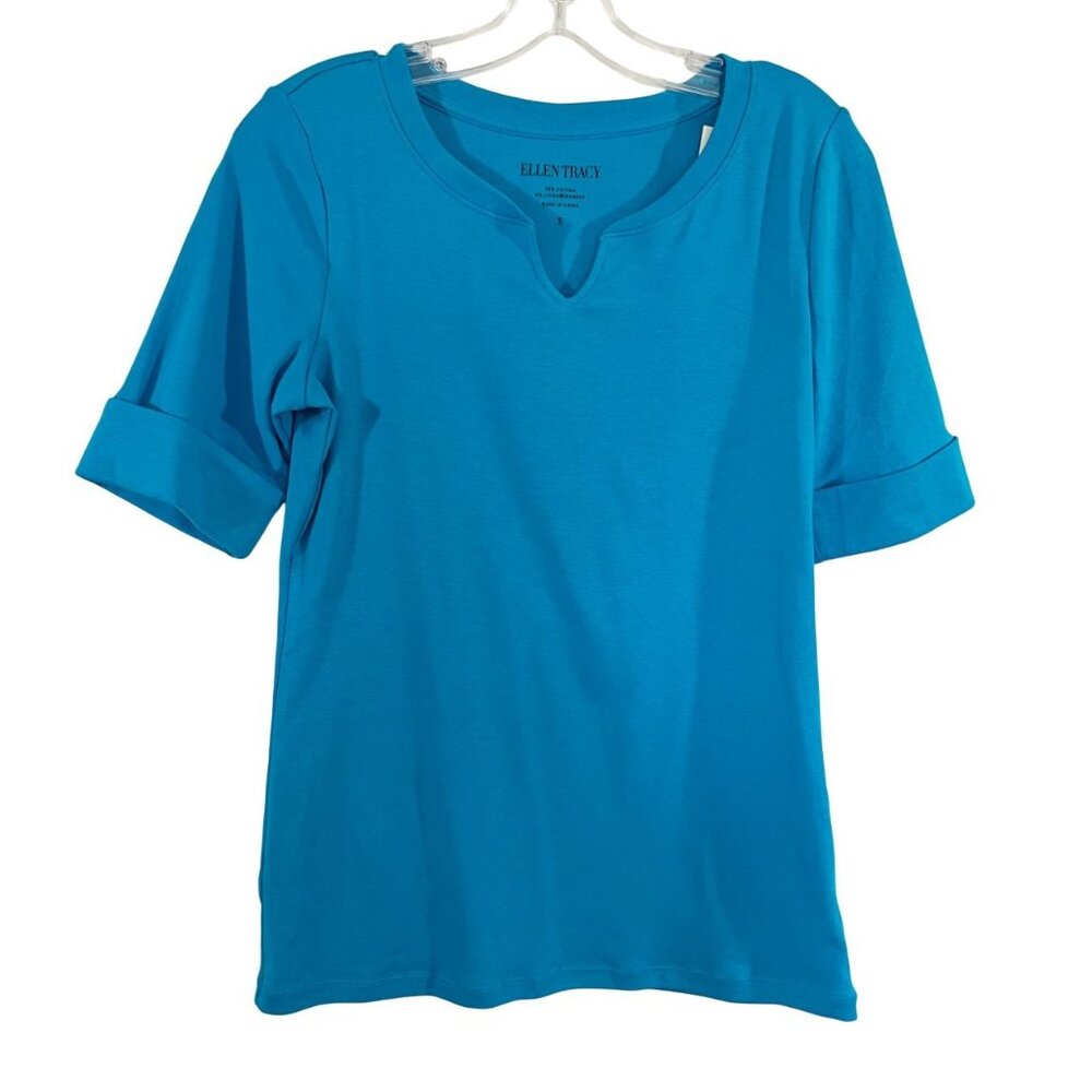 NEW Ellen Tracy Blue Short Sleeve Tee Cuffed Split Neckline Cotton Sizeโ Small